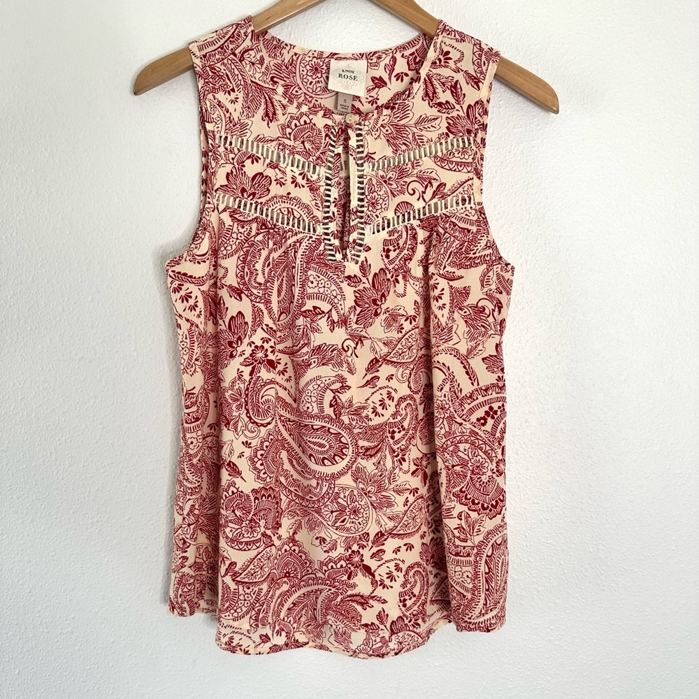Knox Rose women’s S peasant boho sleeveless Red & Off white blouse